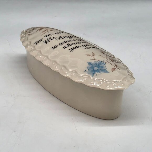 Ceramic Trinket Box With Religious Quote Blue Floral Design Oval Shape 5.5" - Picture 3 of 7